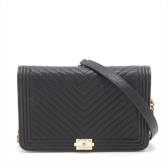 CHANEL Handbags - Chanel Boy Chanel Caviar Skin Chain Wallet V Stitch Black Gold Metal Fittings